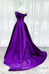 Purple Satin Sweetheart Long Party Dresses Evening Prom Dresses, Off Shoulder Purple Evening Dresses