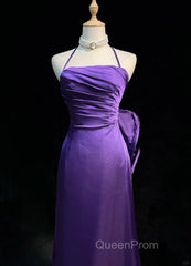 Purple Spaghetti Strap Satin Evening Prom Dresses Backless Evening Gown