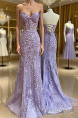 Purple sweetheart neck tulle lace mermaid long Evening Prom Dresses