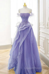 Purple Sweetheart Off Shoulder Tulle Long Party Dresses, Purple Tulle Evening Prom Dresses