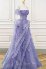 Purple Sweetheart Off Shoulder Tulle Long Party Dresses, Purple Tulle Evening Prom Dresses