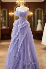 Purple Sweetheart Off Shoulder Tulle Long Party Dresses, Purple Tulle Evening Prom Dresses