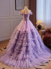 Purple Sweetheart Tulle Layers Sweet 16 Dresses Long Evening Prom Dresses A Line Off Shoulder Solid Color