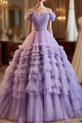 Purple Sweetheart Tulle Layers Sweet 16 Dresses Long Evening Prom Dresses A Line Off Shoulder Solid Color