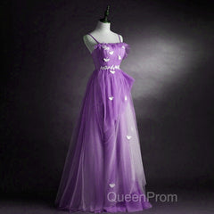 Purple Tulle A-Line Straps Long Formal Dresses, Purple Floor Length Evening Prom Dresses