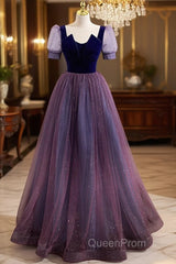 Purple Velvet And Tulle Short Sleeves Evening Dresses, Purple A-Line Formal Dresses Evening Prom Dresses