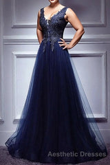 Dark Blue Lace V Neck Long Evening Prom Dresses, Lace Evening Prom Dresses