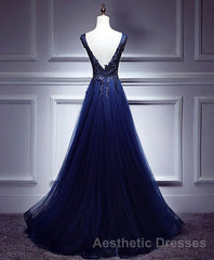 Dark Blue Lace V Neck Long Evening Prom Dresses, Lace Evening Prom Dresses