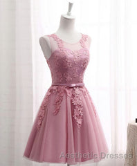 Pink Round Neck Lace Tulle Evening Prom Dresses, Lace Evening Prom Dresses