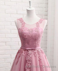 Pink Round Neck Lace Tulle Evening Prom Dresses, Lace Evening Prom Dresses