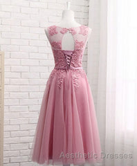 Pink Round Neck Lace Tulle Evening Prom Dresses, Lace Evening Prom Dresses