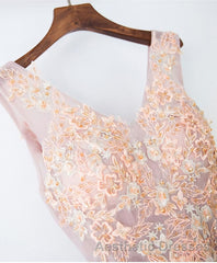 Pink V Neck Lace Long Evening Prom Dresses, Cheap Evening Prom Dresses
