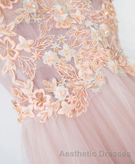 Pink V Neck Lace Long Evening Prom Dresses, Cheap Evening Prom Dresses