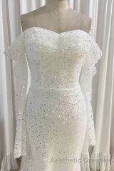 Ivory Mermaid Sequined Evening Prom Dresses with Long Sleeves, Sparkly Long Party Dresses