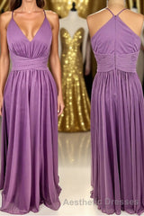 Purple Straps A-line Long Bridesmaid Dresses