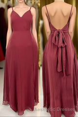 Ruffle Straps Burgundy Chiffon A-line Long Bridesmaid Dresses