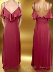Straps Wine Red Chiffon Flounce Long Bridesmaid Dresses