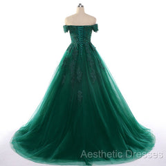 Real Off Shoulder Green Evening Prom Dresses Beaded Appliques Emerald Quince Dresses