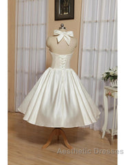 Reception Little White Dresses Wedding Dresses A-Line Halter Sleeveless Tea Length Satin Bridal Gowns With Bow(S) Pleats