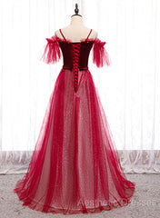 Red A-Line Floor Length Off Shoulder Long Evening Prom Dresses, Red Long Evening Dresses