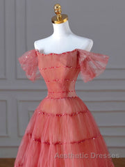 Red Aline Tulle Long Evening Prom Dresses, Red Tulle Formal Graduation Dresses With Beading Sequin