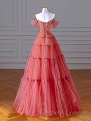 Red Aline Tulle Long Evening Prom Dresses, Red Tulle Formal Graduation Dresses With Beading Sequin