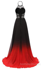 Red And Black Halter Beaded Chiffon Party Dresses, A-Line Gradient Evening Dresses