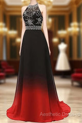 Red And Black Halter Beaded Chiffon Party Dresses, A-Line Gradient Evening Dresses
