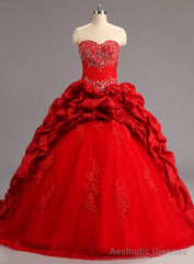 Red Ball Gowns Ruffles Tulle Taffeta Lace Appliques For 15 Year