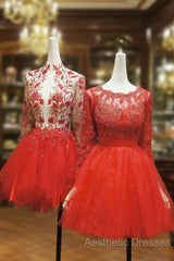 Red Lace Long Evening Prom Dresses Red Tulle Lace Short Evening Prom Dresses