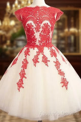 Red Lace Tulle Short Evening Prom Dresses, Homecoming Dresses