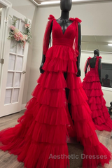 Red Long Evening Prom Dresses Princess A Line V Neck Party Evening Dresses with Ruffles