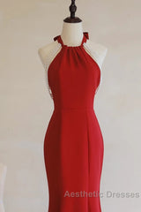 Red Mermaid Halter Long Evening Dresses, Red Backless Formal Dresses Evening Prom Dresses