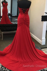 Red Mermaid Llong Evening Prom Dresses Appliques Slit Evening Dresses