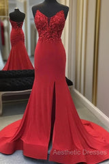 Red Mermaid Llong Evening Prom Dresses Appliques Slit Evening Dresses