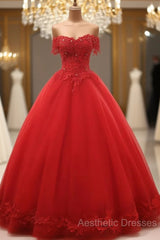 Red Off Shoulder Long Party Dresses, A-Line Tulle Evening Dresses Formal Gown