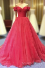 Red Off Shoulder Tulle Evening Prom Gown, Sweet 16 Party Gown, Charming Red Formal Dresses