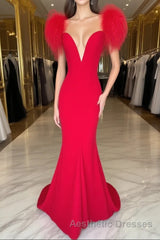 Red Evening Prom Dresses Mermaid V Neck Long Party Evening Dresses with Feathers