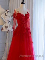 Red round neck tulle lace long Evening Prom Dresses, red evening Dresses