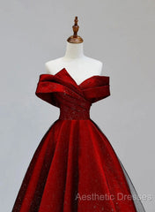 Red Satin And Black Tulle A-Line Off Shoulder Party Dresses, Simple A-Line Evening Prom Dresses