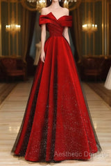 Red Satin And Black Tulle A-Line Off Shoulder Party Dresses, Simple A-Line Evening Prom Dresses