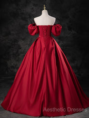 Red Satin Off Shoulder Long Simple A-Line Wedding Party Dresses, Red Long Evening Dresses