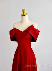 Red Satin Off Shoulder Sweetheart Long Party Dresses, Red Satin Evening Prom Dresses