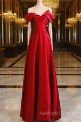 Red Satin Off Shoulder Sweetheart Long Party Dresses, Red Satin Evening Prom Dresses