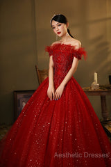 Red Scoop Ball Gown Shiny Tulle Off Shoulder Party Dresses, Red Sweet 16 Dresses Formal Dresses
