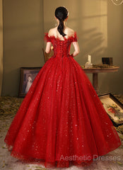 Red Scoop Ball Gown Shiny Tulle Off Shoulder Party Dresses, Red Sweet 16 Dresses Formal Dresses