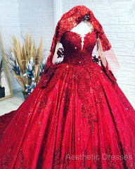 Red Sequins Lace Wedding Dresses Ball Gown Long Sleeves