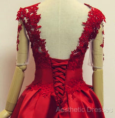 Red Short Sleeves Satin And Applique Homecoming Dresses, Red Short Evening Prom Dresses, Formal Dresses