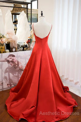 Red Spaghetti Strap Satin Long Evening Prom Dresses, Simple A-Line Evening Party Dresses
