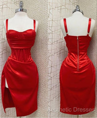 Red Sweetheart Neckline Slit Homecoming Dresses Midi Evening Prom Dresses